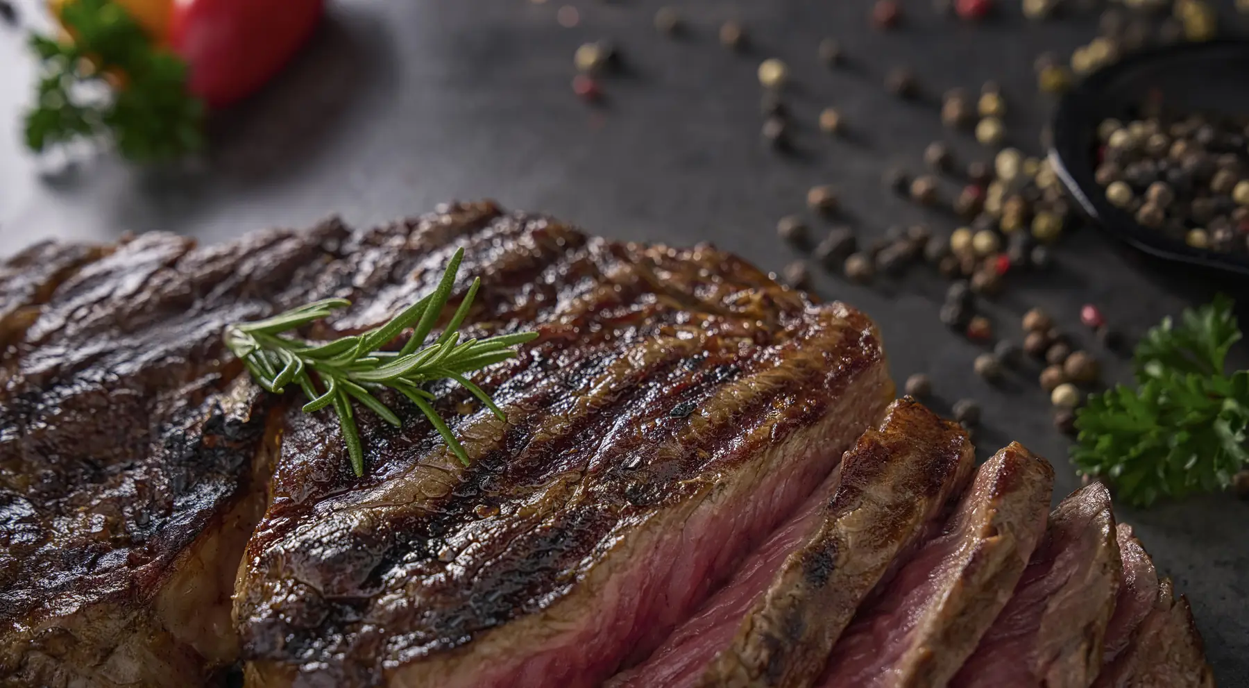 A sliced grilled steak with rosemary and peppercorns
